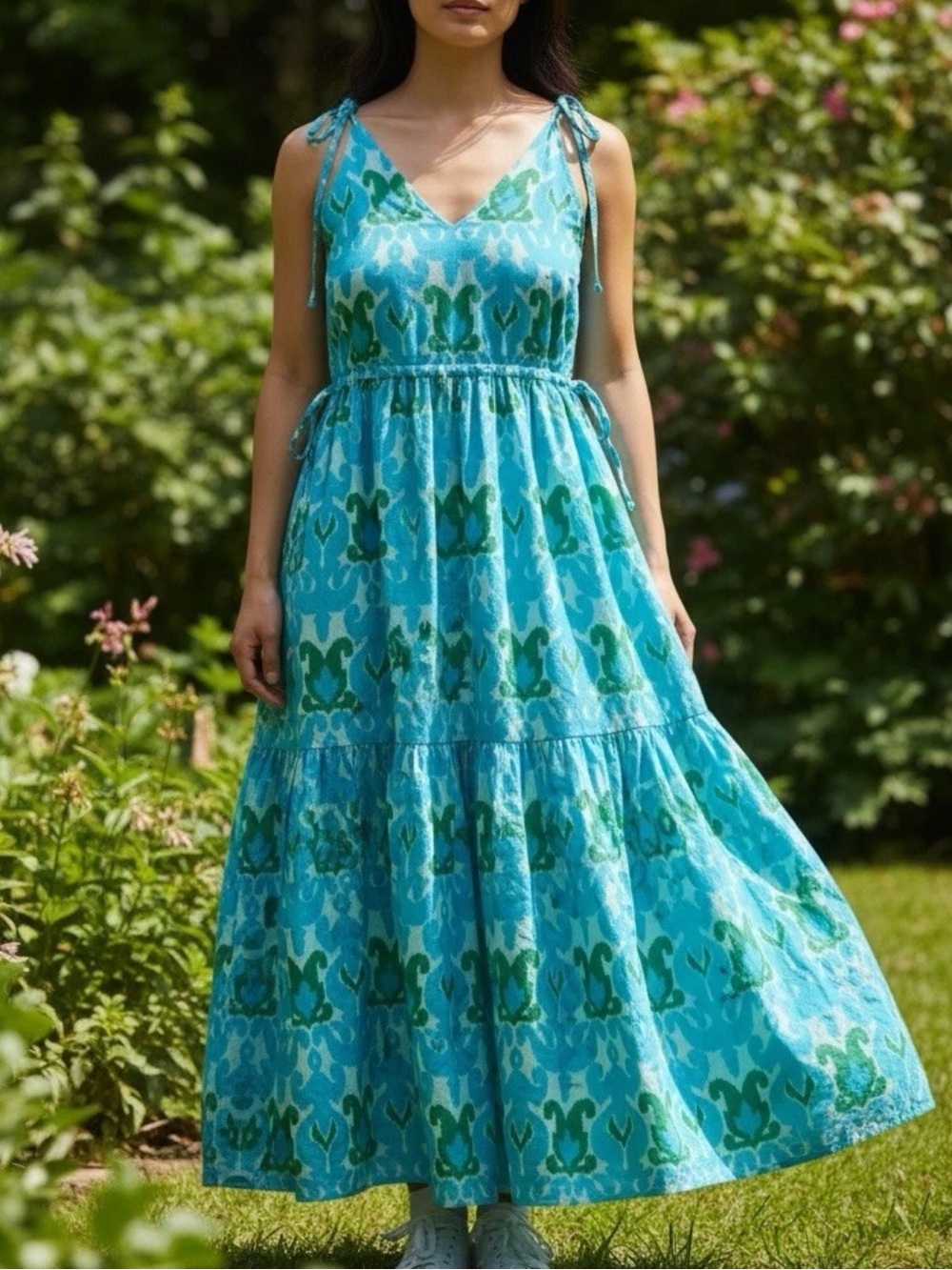 Talbots Blue Green Floral Ikat Print Tiered Midi Dress Ties V Neck Size 14